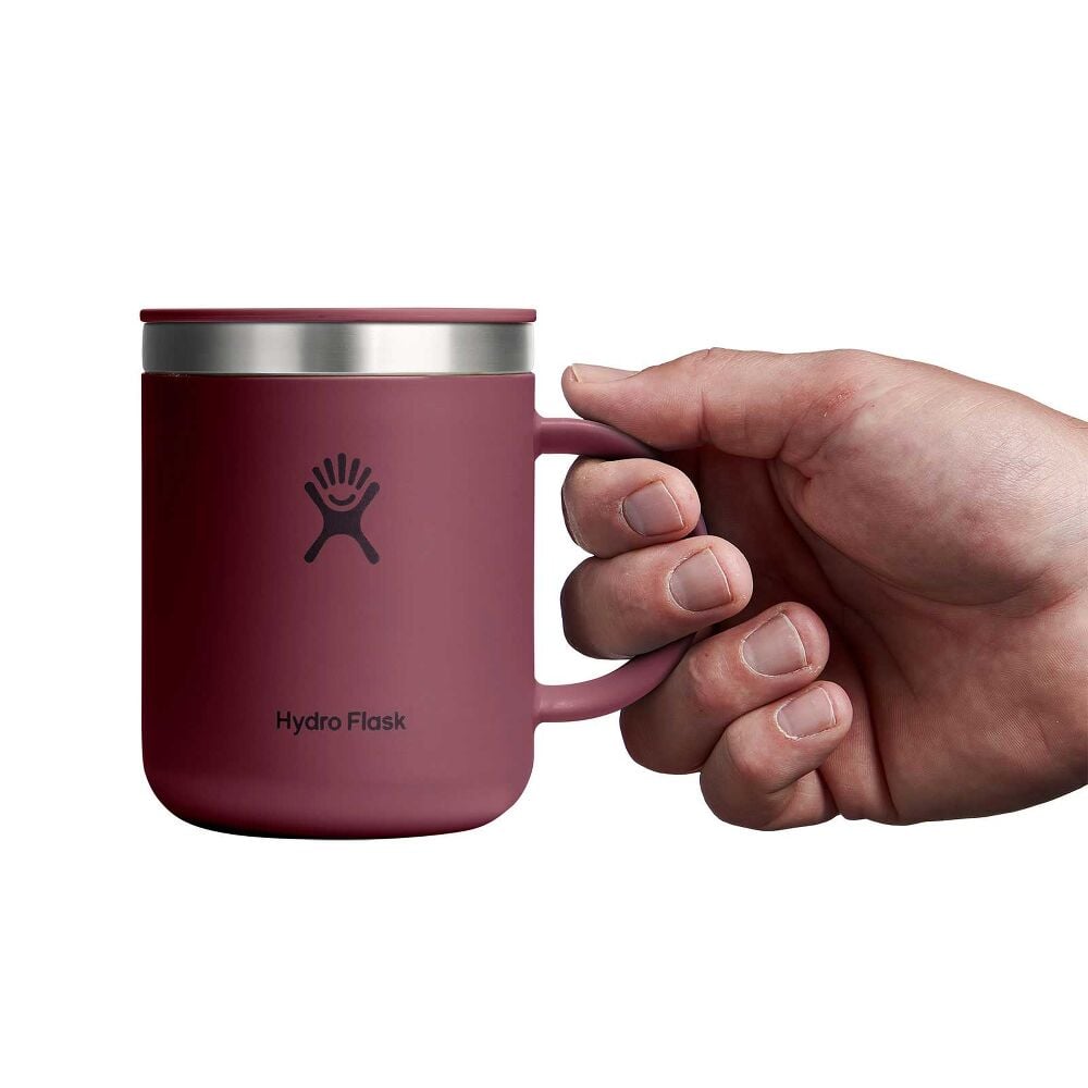 Maroon Hydro Flask insulated mug with handle, matte finish, stainless-steel rim, sliding sip opening, and Hydro Flask logo on front. Studio lighting on white background.